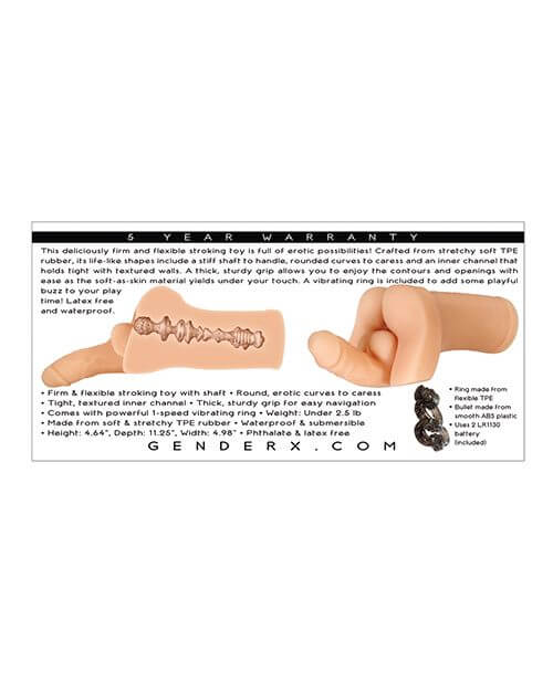 Backside of the packaging of the Evolved Backdoor Bash. It also showcases the free, included vibrating ring that comes with the stroker. | Kinkly Shop