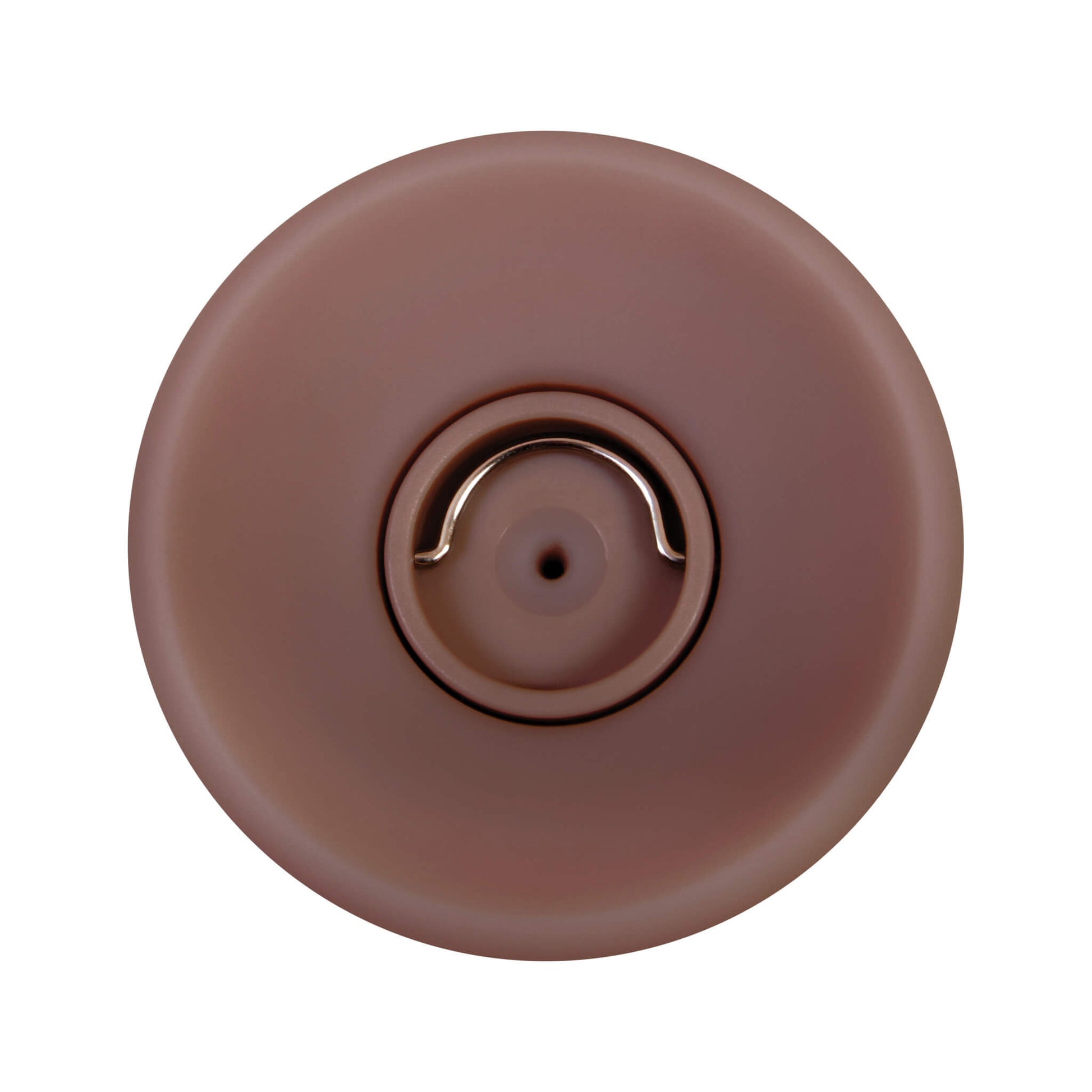 The base of the Evolved Big Shot Vibrating Squirting Dildo in Espresso. It showcases the metal loop that helps open the chamber for the ejaculation content on the base of the toy. | Kinkly Shop