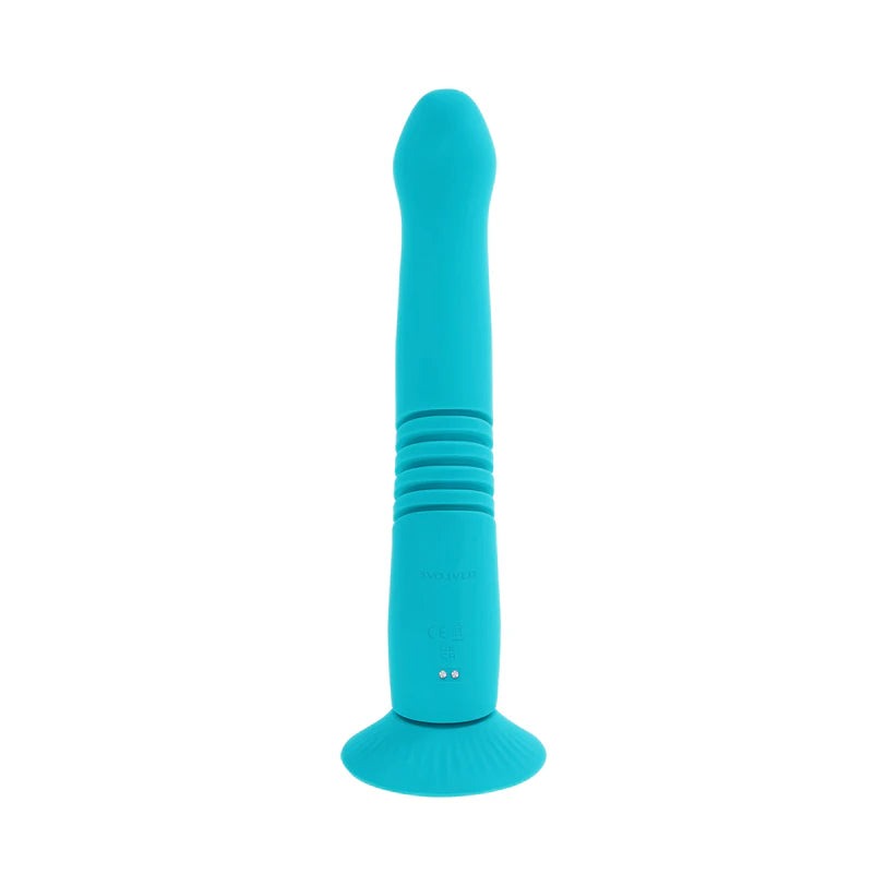 The underside of the Evolved Bunny Hop, showcasing the according-style design of the internal shaft and the two metal contact points at the base where the toy can be plugged into the charging cord. | Kinkly