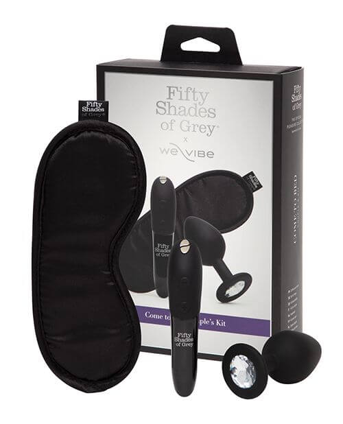 Everything included in the Fifty Shades of Grey Come to Bed Kit sits out in front of the box that it all comes in. | Kinkly Shop