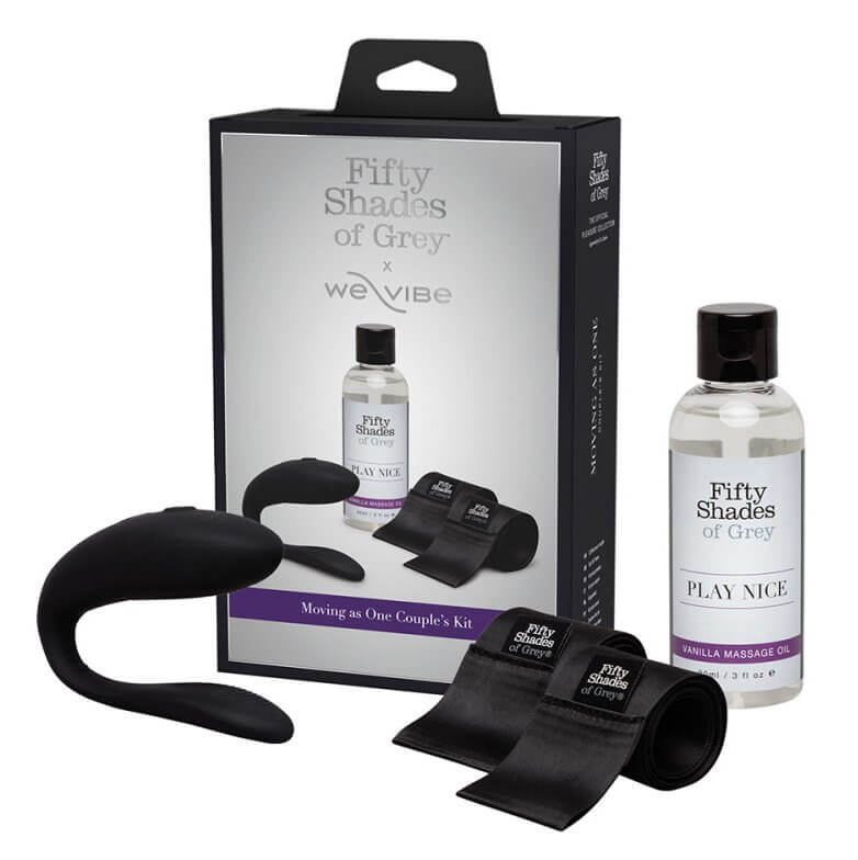 All of the items included next to the packaging for the Fifty Shades of Grey Moving as One Kit | Kinkly Shop