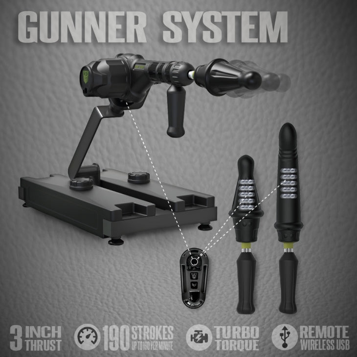 Everything that comes with the Fort Troff Gunner System. There's the two dildos, a wireless remote control, and the handle for it. Text on the image reads: "Gunner system. 3 inch thrust. Up to 190 strokes per minute. Turbo torque. Wireless USB remote". The surface of the dildo is see-through, showing off the rotating beads inside of the dildos. | Kinkly Shop