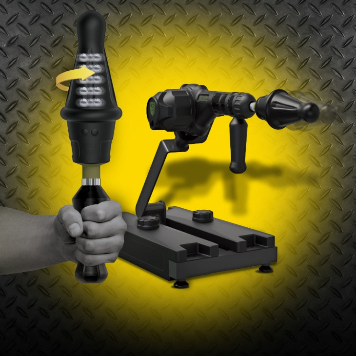 A hand holds the Fort Troff Gunner System's handle. The handle makes for easier hand-holding of the dildo when you want to use it manually outside of the sex machine. | Kinkly Shop