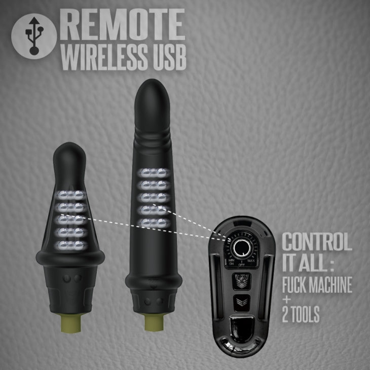 The remote control shown with the two dildos that come with the Fort Troff Gunner System. The remote control controls it all - the fuck machine and the two different dildos. | Kinkly Shop