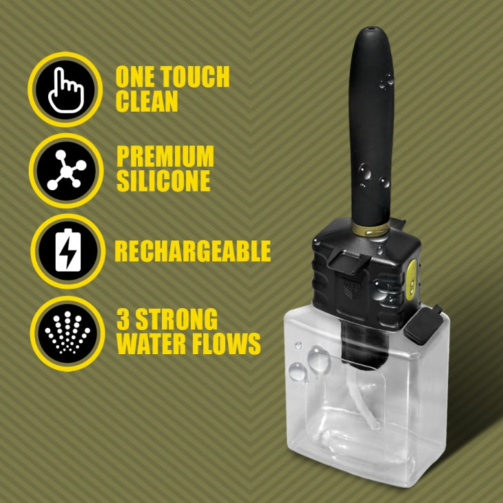 The Fort Troff Hydro-Pro Automatic Cleaning System shown next to a list of features. Text reads: "One touch clean. Premium silicone. Rechargeable. 3 strong water flows." | Kinkly Shop