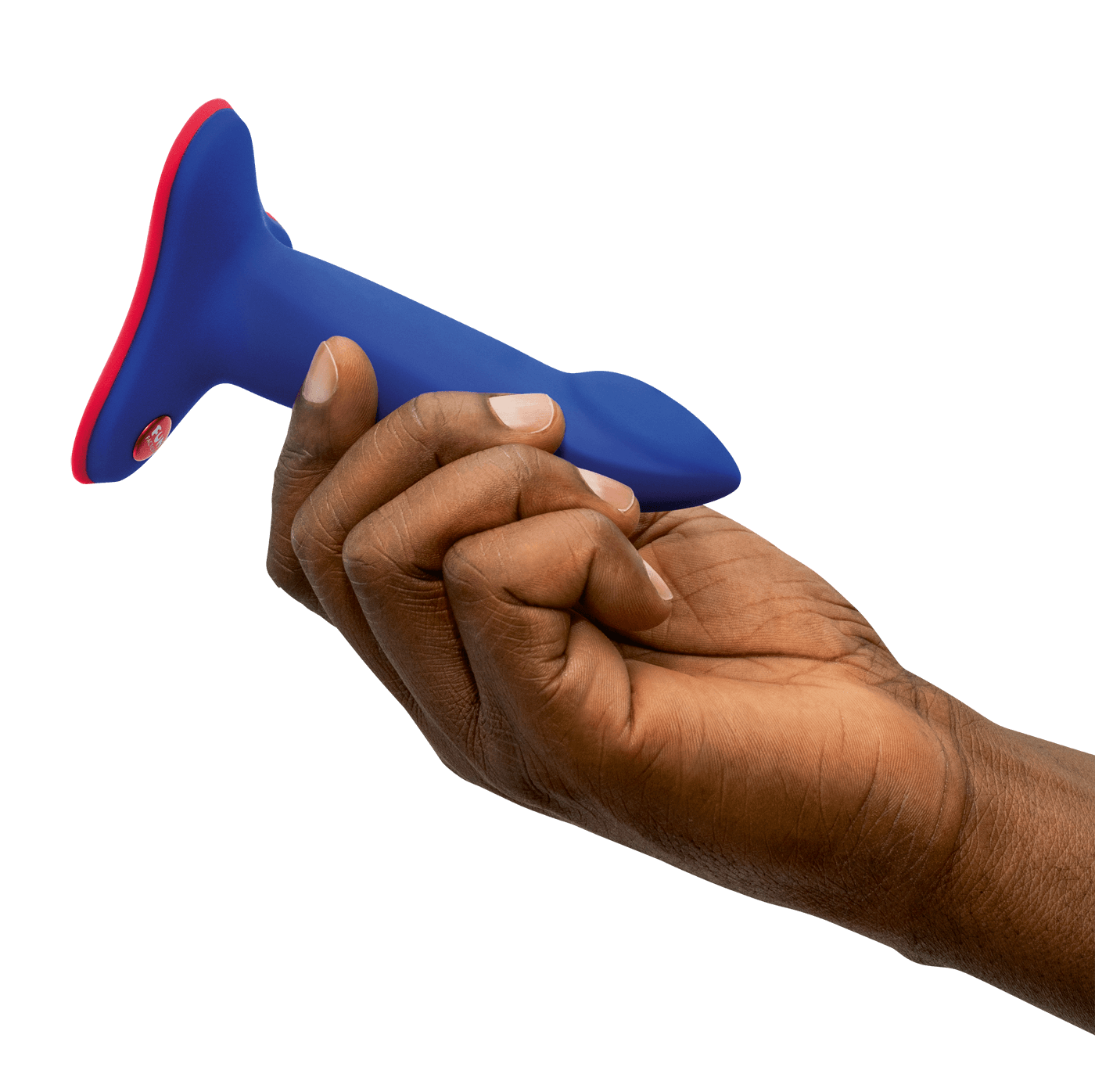 A person holds the Fun Factory Limba Flex. The dildo looks very short, with an insertable length that's about as long as the hand's fingers. It looks like it's about two fingers thick. | Kinkly Shop