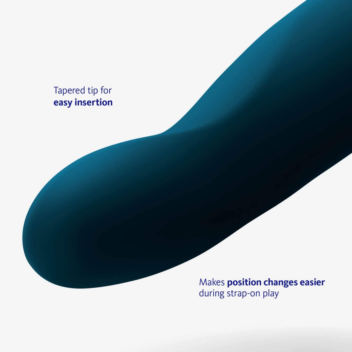 A close-up of the smooth, tapered tip of the Fun Factory Limba Flex in Large. Text on the image reads: "Tapered tip for easy insertion. Makes position changes easier during strap-on play." | Kinkly Shop