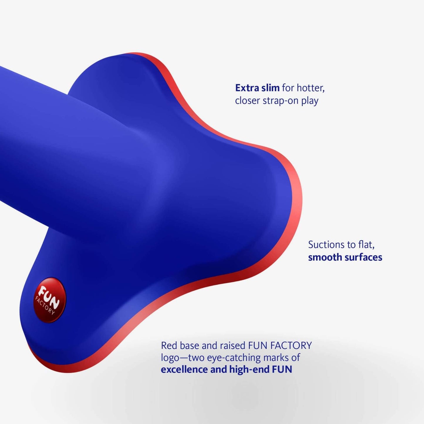 Close-up of the base of the Fun Factory Limba Flex. The red Fun Factory emblem looks like a little button on the multi-colored base. Text on the image reads: "Extra slim for hotter, closer strap-on play. Suctions to flat, smooth surfaces. Red base and raised Fun Factory Logo - two eye-catching marks of high-end FUN" | Kinkly Shop