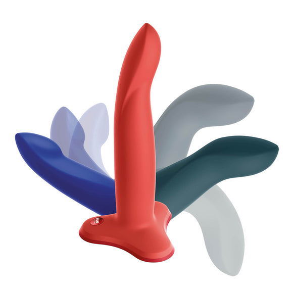 All three sizes of the Fun Factory Limba Flex layered on top of one another, including additional phantom images showing how each one of those dildos curves and can be bent. | Kinkly Shop