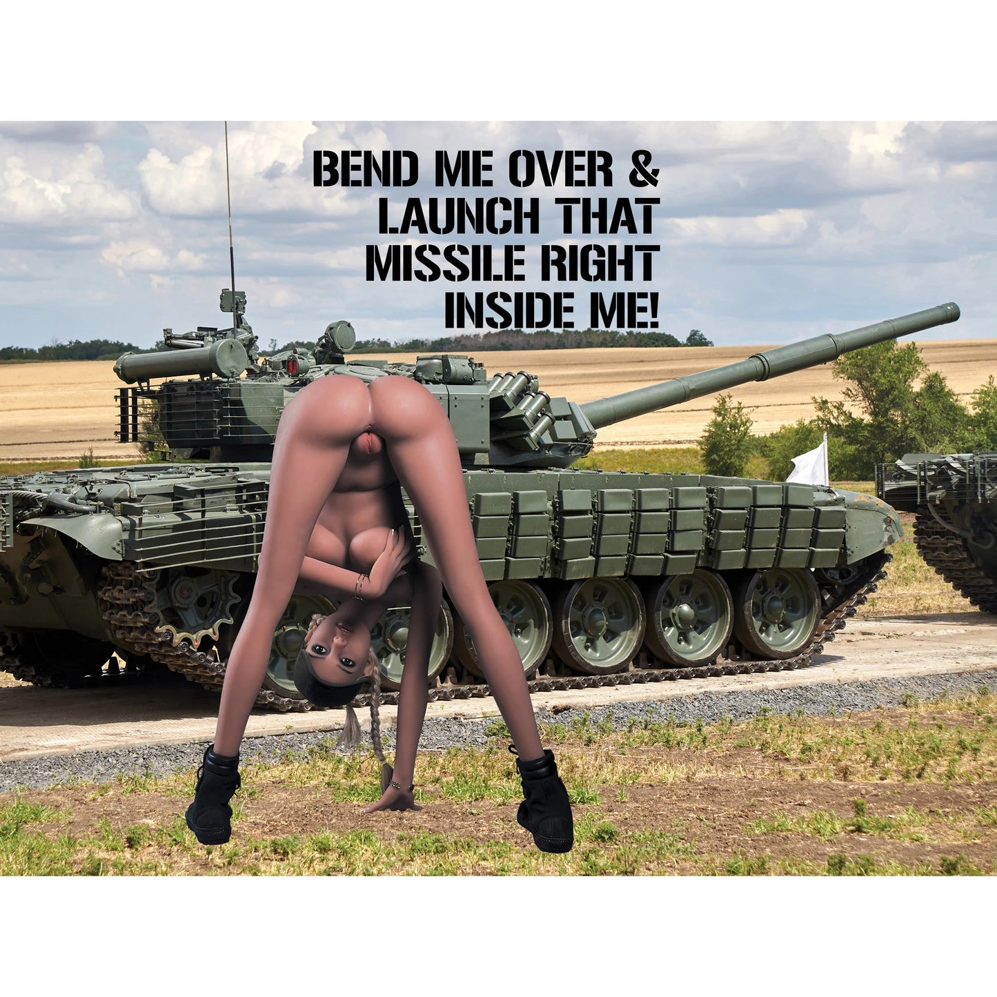 The GI Jane Fantasy Love Doll shown in front of a tank. The doll is bent over, showing her ass and vulva. Text on the image reads: "Bend me over and launch that missile right inside me!" | Kinkly Shop