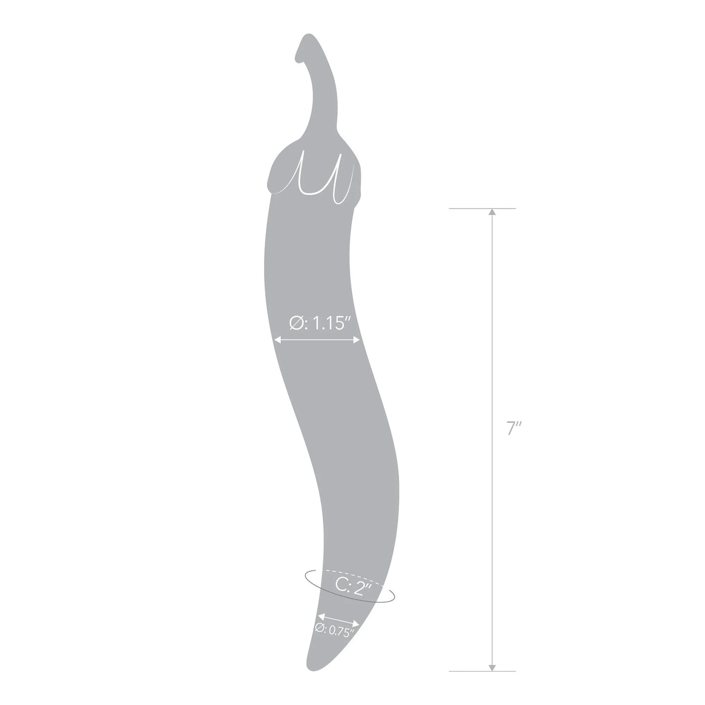Outline of the Glas Chili Pepper with measurements superimposed overtop of the outline. | Kinkly Shop