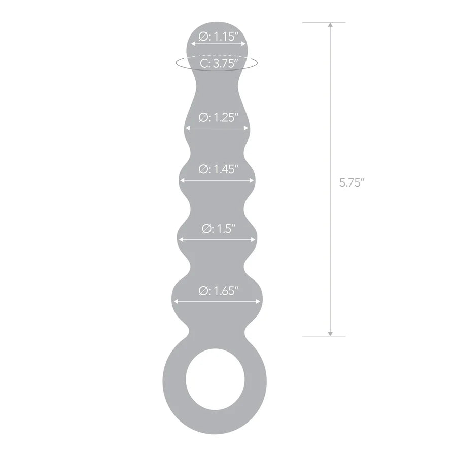 An outline of the Glas Quintessence dildo with measurements written on top of it. The smallest bulb diameter has a diameter of 1.15" with the largest bulb diameter at 1.65" in diameter. The insertable length is 5.75" | Kinkly Shop
