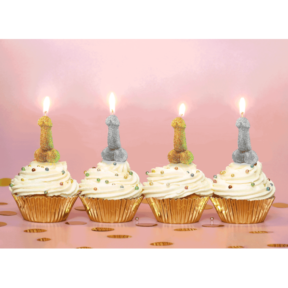 Four cupcakes in gold foil wrappers. Each cupcake has a lit Glitterati Penis Party Candle on top of it. | Kinkly Shop