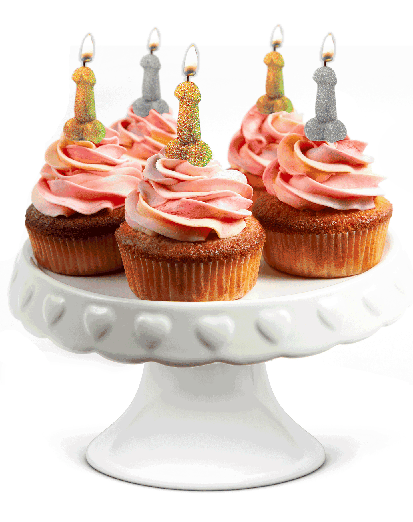Five cupcakes with frosting on top of them. Each cupcake has a Glitterati Penis Party Candle on top of it. | Kinkly Shop