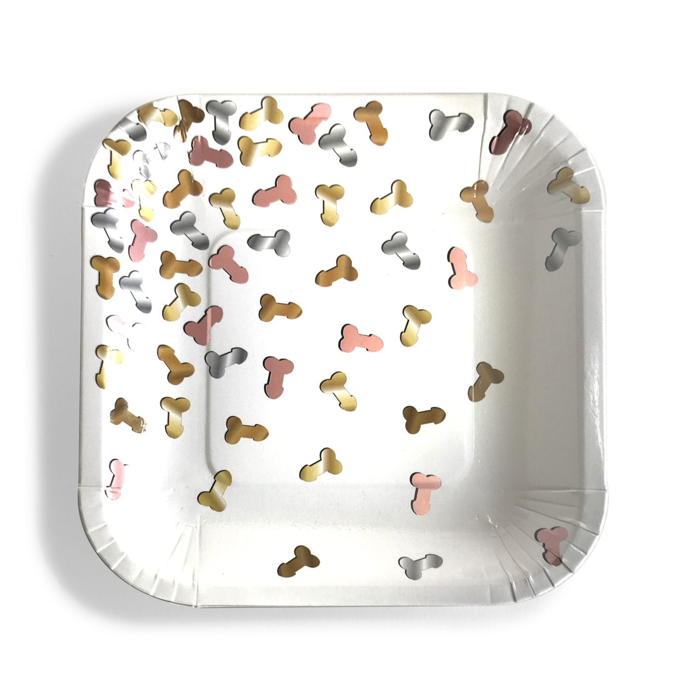 Top-down view of the square design of the Glitterati Penis Party Plates. | Kinkly Shop