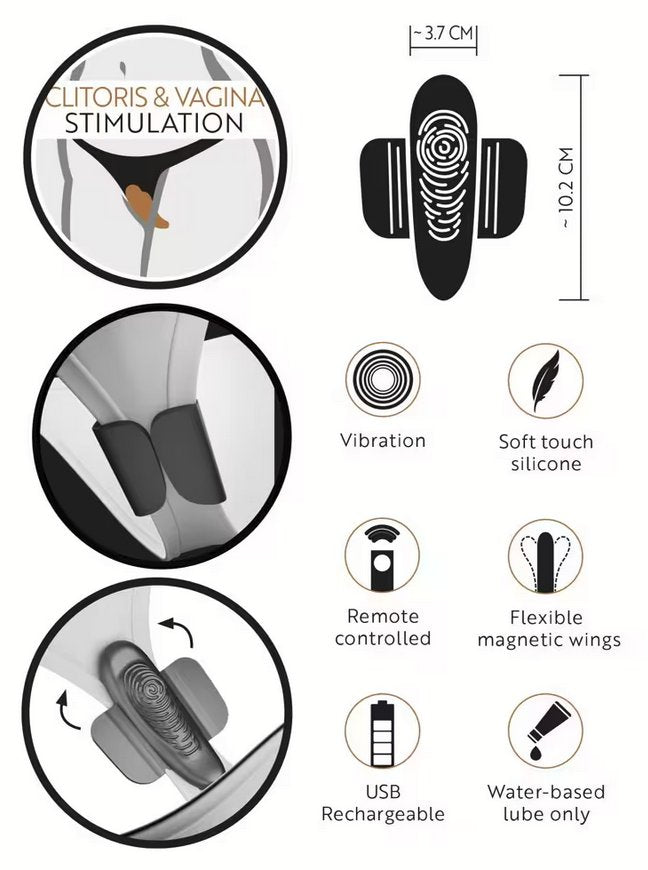 Text-heavy image describing the GoGasm Panty Vibrator. Text reads: Clitoris and vagina stimulation. Vibration. Soft touch silicone. Remote controlled. Flexible magnetic wings. USB rehargeable. Water-based lube only. | Kinkly Shop