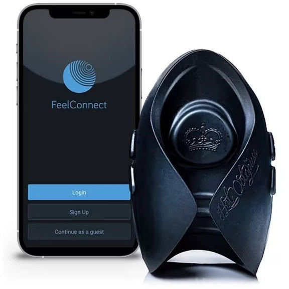 The Hot Octopuss Pulse Solo Interactive vibrator shown next to a cell phone that's opened up to the free FeelConnect app. | Kinkly Shop