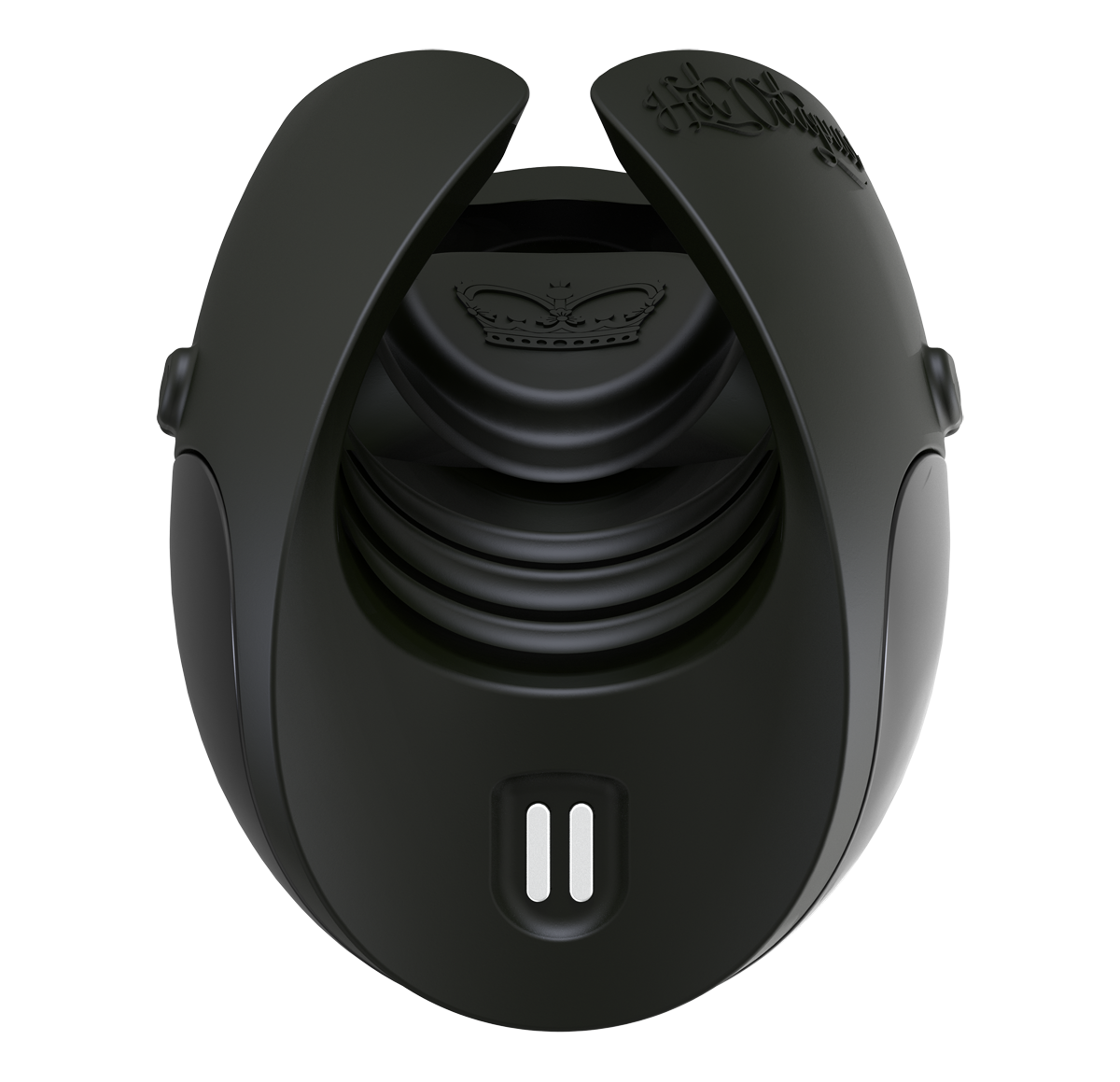 Close-up of the charging port on the top-side of the vibrator and the ribbing along the inside of the Hot Octopuss Pulse Solo Interactive. The circular Pulse Plate is also visible from this angle, inside of the ribbed interior. | Kinkly Shop