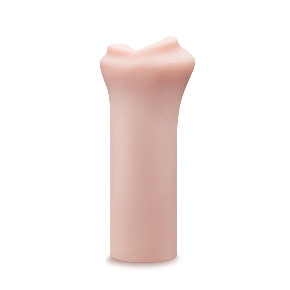 A side view of the Blush Jasmine's Hot Mouth. The stroker does not have any texturing on the outside of the stroker; it's completely smooth. This may make it more difficult to handle if you have very lubricated hands. | Kinkly Shop
