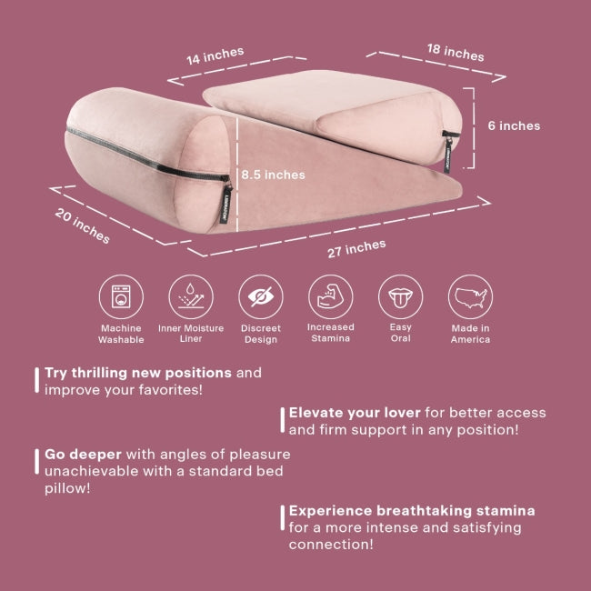 The Liberator Jaz Duet shown with measurements listed around it as well as text features. Text includes: Machine washable, inner moisture liner, discreet design, increased stamina, easy oral, and made in America | Kinkly