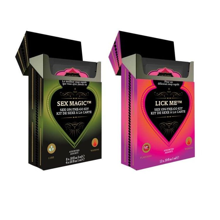 Kama Sutra Set-To-Go Kits. Both varieties of the Sex-to-Go kits displayed sitting next to one another with their lids open. | Kinkly Shop