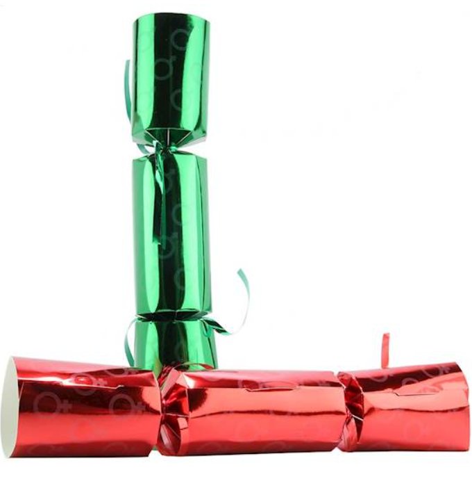 The red and green sex crackers that are included in the Christmas Sex! Crackers. They're adorably packaged. The red and green wrapping is covered in gender icons. | Kinkly Shop