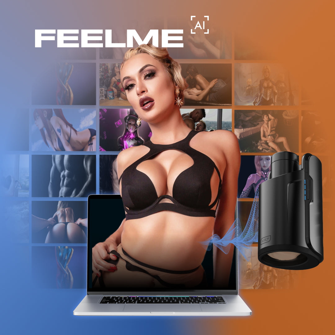 Natalia Starr in a strappy black bra is collaged coming out from a laptop. Porn images are shown in the background, showcasing how the FeelStars FeelNatalia Stroker can be used with the KIIROO KEON to sync with Starr's adult videos. | Kinkly Shop