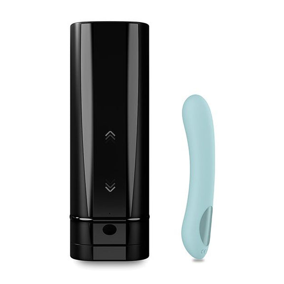 KIIROO Pearl2+ vibrator leaning up against the KIIROO Onyx+ penis stroker sleeve | Kinkly Shop