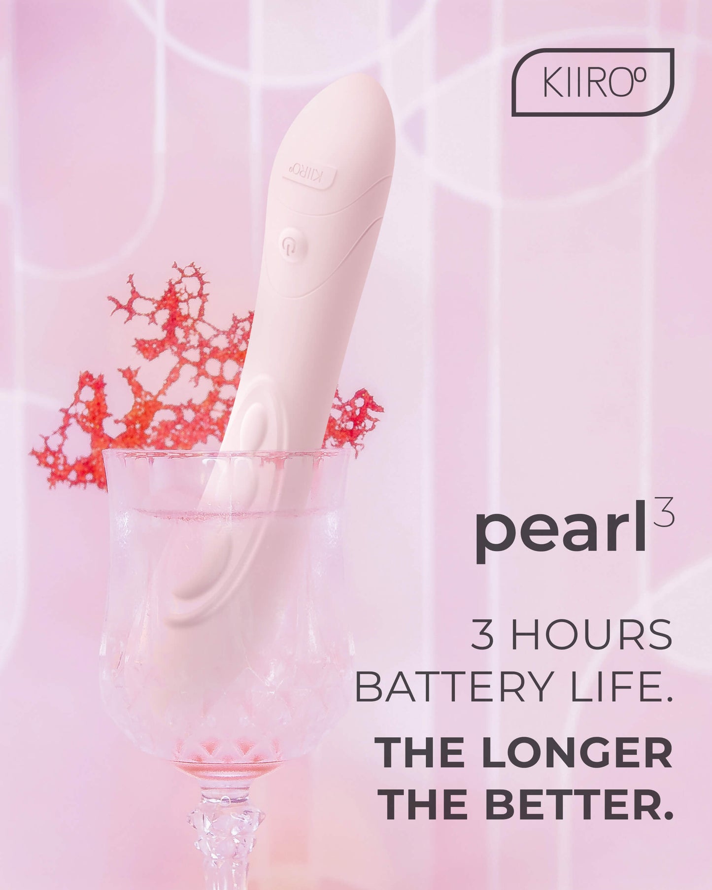 The KIIROO Pearl3 G-Spot Vibrator in a fancy cocktail glass. Text near the vibrator reads: "Pearl 3. 3 hours battery life. The longer the better." | Kinkly Shop
