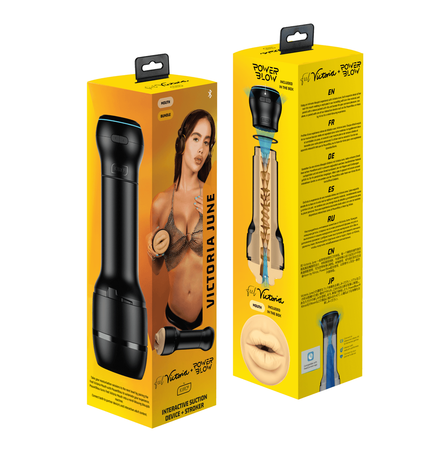 Packaging for the KIIROO Power Blow Combo set that includes the Power Blow and the Victoria June Mouth stroker. | Kinkly Shop