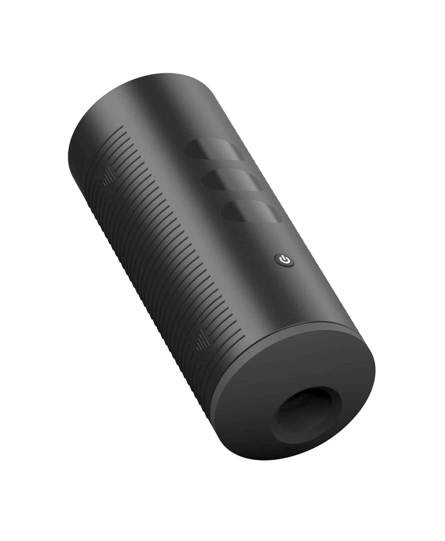 Side view of the KIIROO Titan Interactive Vibrating Stroker showcases the power button and the slotted texture on the side of the stroker that makes it easier to grip. | Kinkly Shop