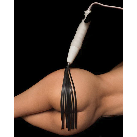 A person has the Kinklab Electro Whip installed in their Kinklab Neon Wand, and they are dangling the whip's tail on top of a person's butt. The tails are long, spanning about the entire width of the receiving person's hips. | Kinkly Shop