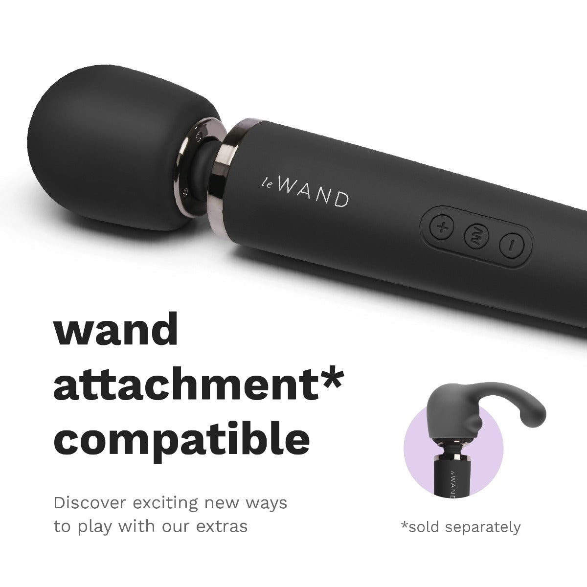 Close-up of the head of the Le Wand Rechargeable Wand in Black shown with an attachment on it. Text on the image reads: "wand attachment compatible. Discover exciting new ways to play with our extras." | Kinkly Shop