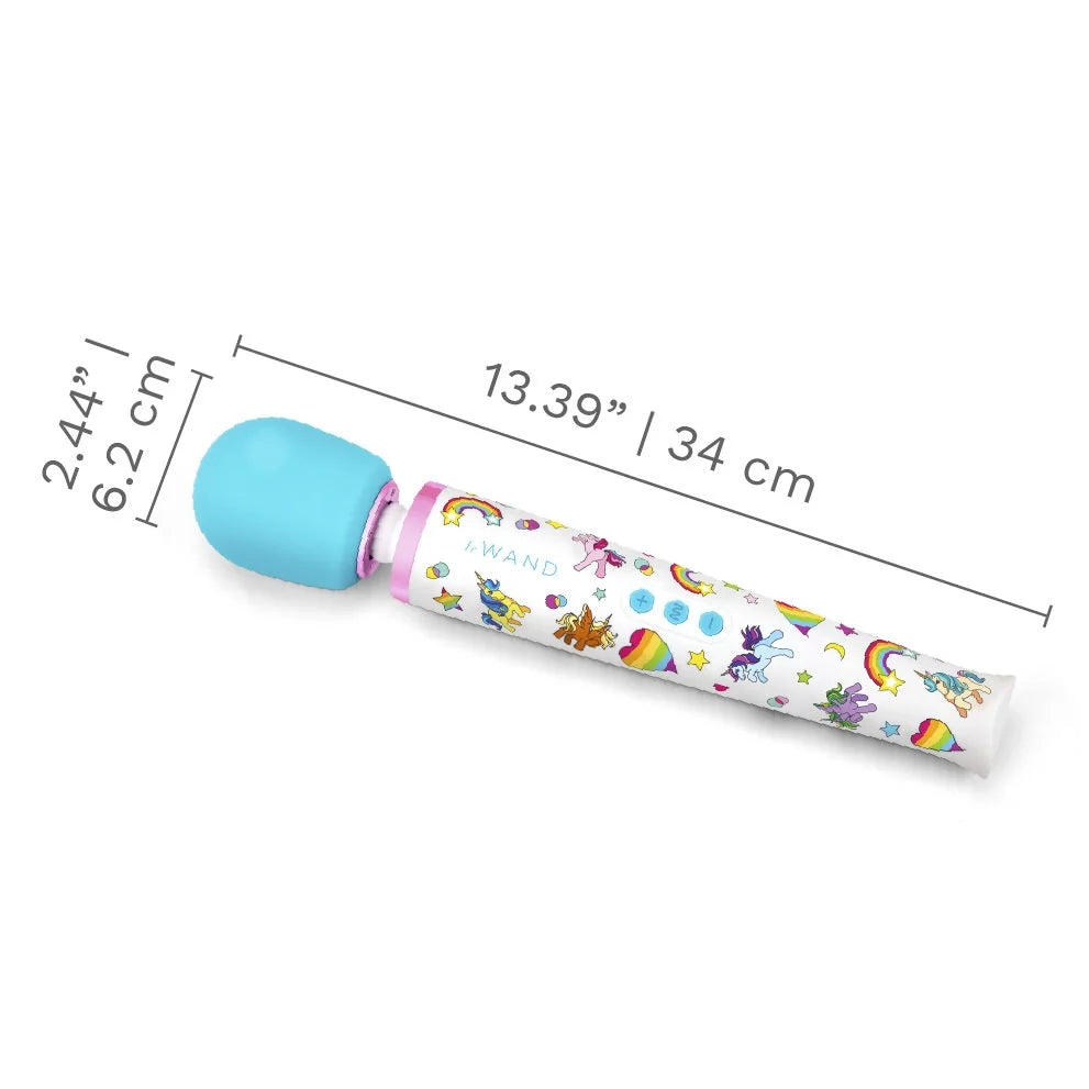 A photo of the Le Wand Unicorn Wand Set with measurements of the wand superimposed overtop of it. The wand is 13.4" in total length with a head diameter of 2.44". | Kinkly Shop