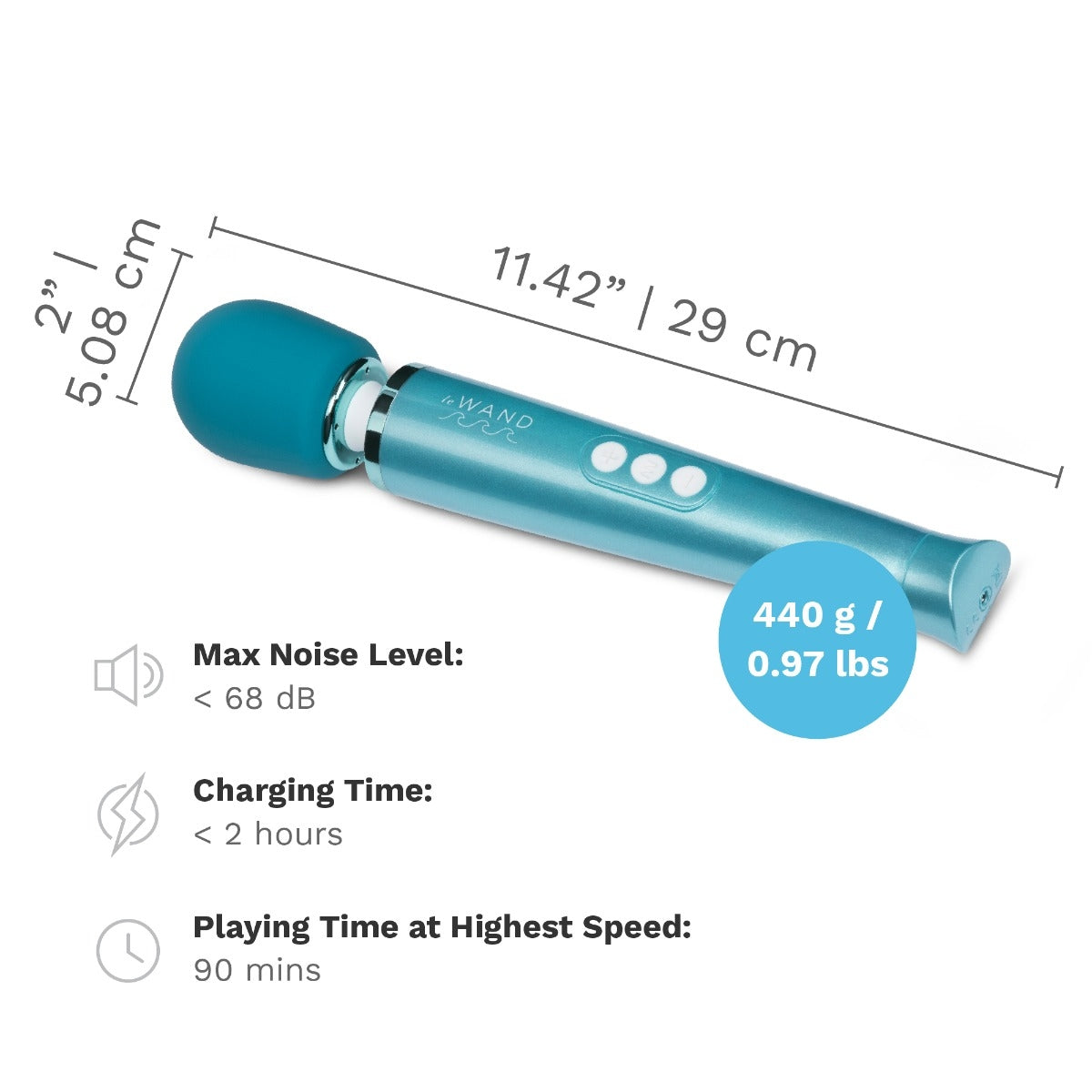 The Le Wand Dive Waterproof Wand with measurements superimposed over it. It has a 2" wide head with a wand length of 11.42". It weighs 440g. All other details are also included within the product text description. | Kinkly Shop