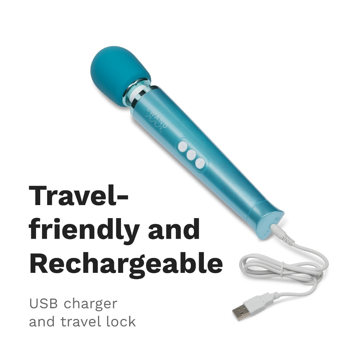 The Le Wand Dive Waterproof Wand shown with the charger plugged into the base. Text on the image reads: "Travel-friendly and rechargeable. USB charger and travel lock." | Kinkly Shop