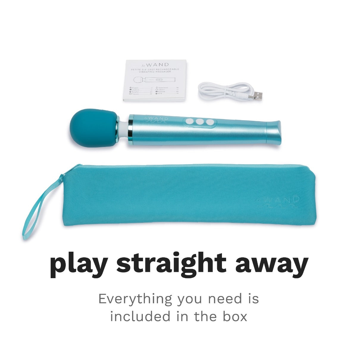 Everything included in the Le Wand Dive Waterproof Wand. There's the wand, storage bag, instruction manual, and charging cable. Text on the image reads: "Play straight away. Everything you need is included in the box." | Kinkly Shop