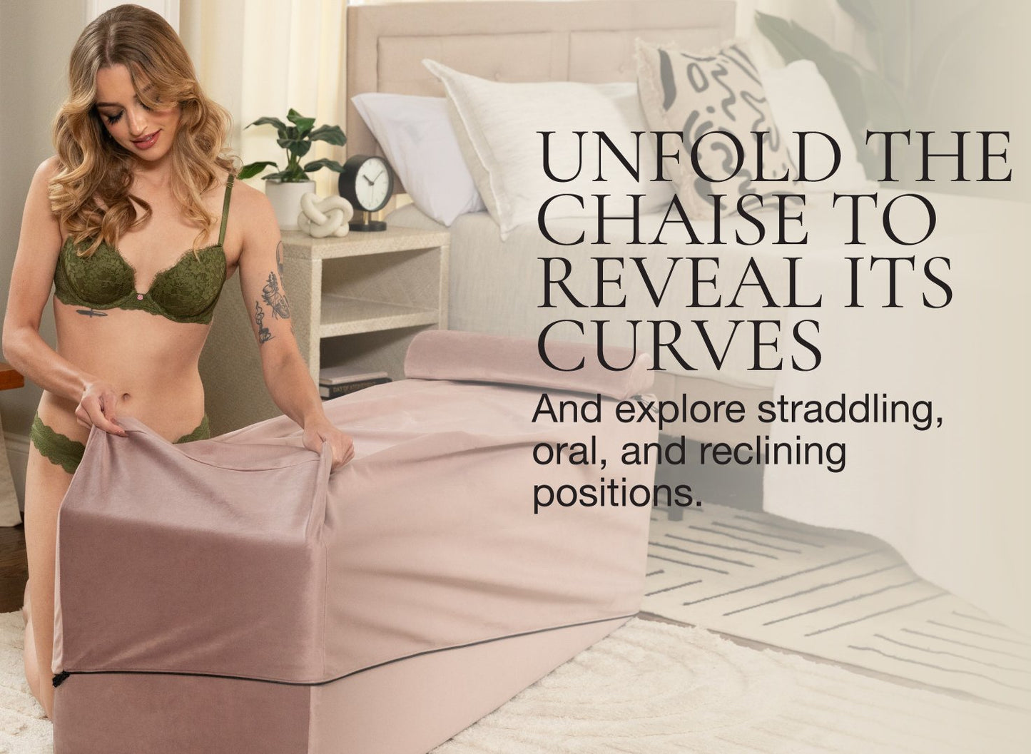 A person is pulling the outermost slipcover off the Liberator Aria Flip Chaise while its folded into its bench. The slipcover makes it look like a bedroom ottoman. Text on the image reads "Unfold the chaise to reveal its curves. And explore straddling, oral, and reclining positions." | Kinkly