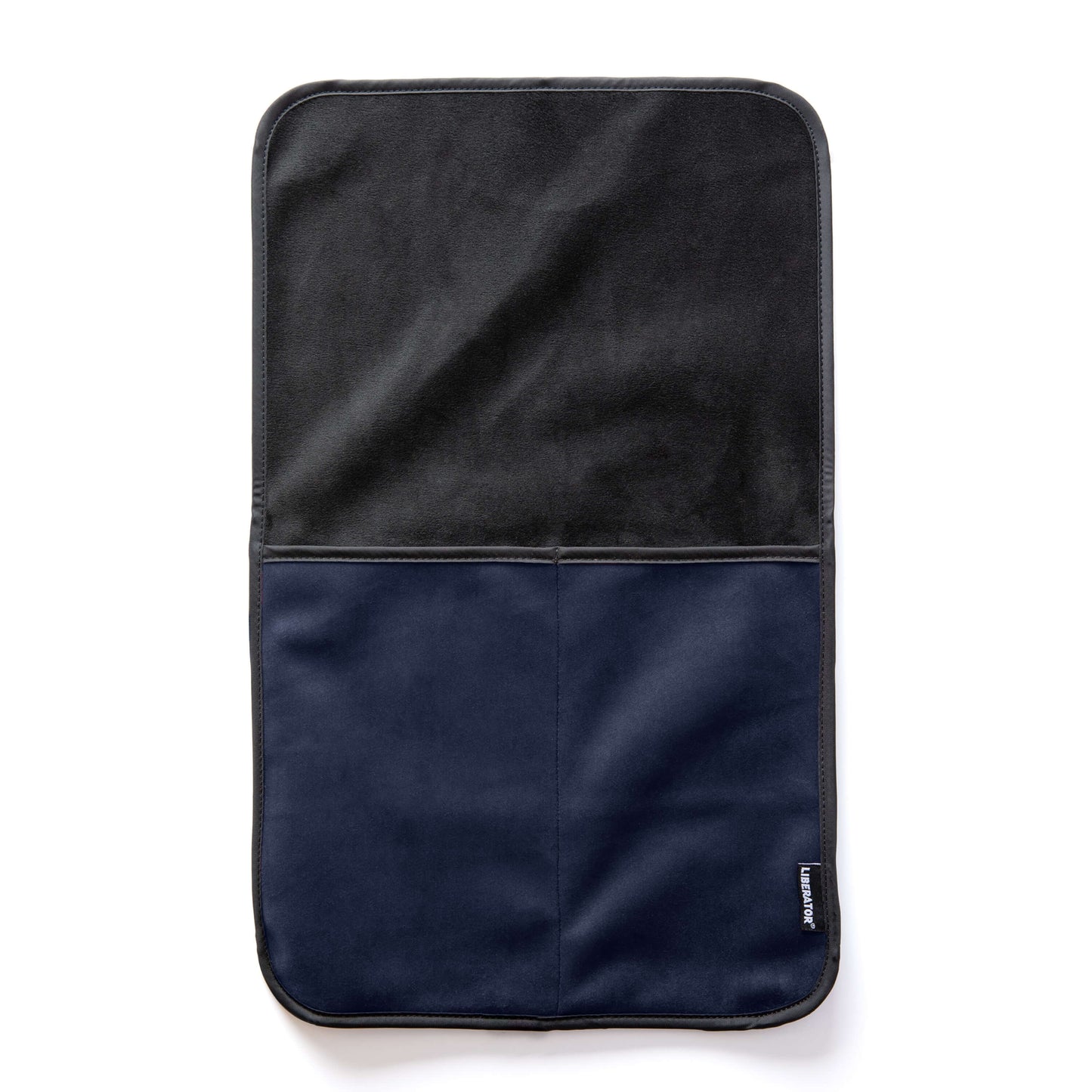 The Liberator Fascinator Sex Toy Caddy in Blue laying flat on a white surface. There are two deep pockets sewn into the base of the Caddy with a long, flat surface on top that can be tucked underneath any heavy objects. | Kinkly Shop