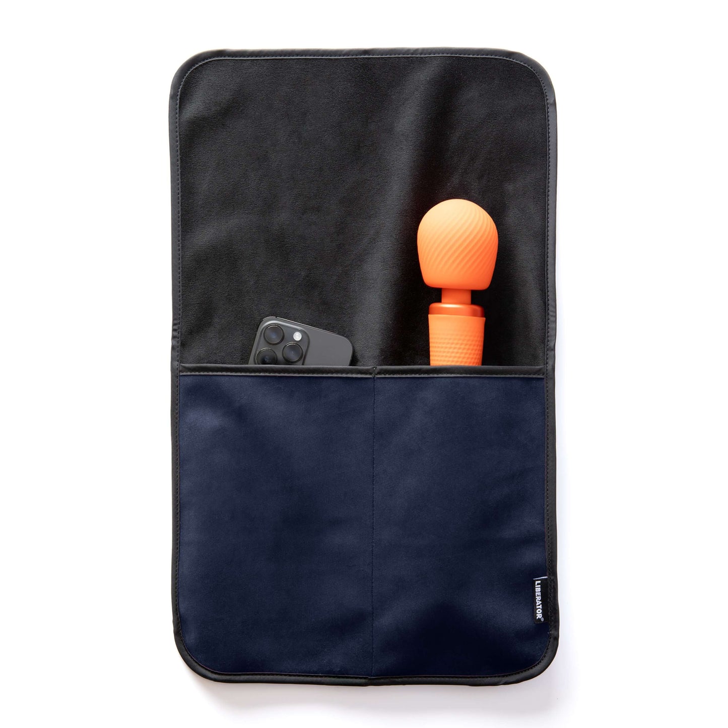 The Liberator Fascinator Sex Toy Caddy in Blue laying flat on a white surface. A wand massager and a cell phone are shown peeking out from the tops of the pockets. The full length of the wand massager fits within the deep pocket, leaving only the massager's head showing from the pocket. | Kinkly Shop