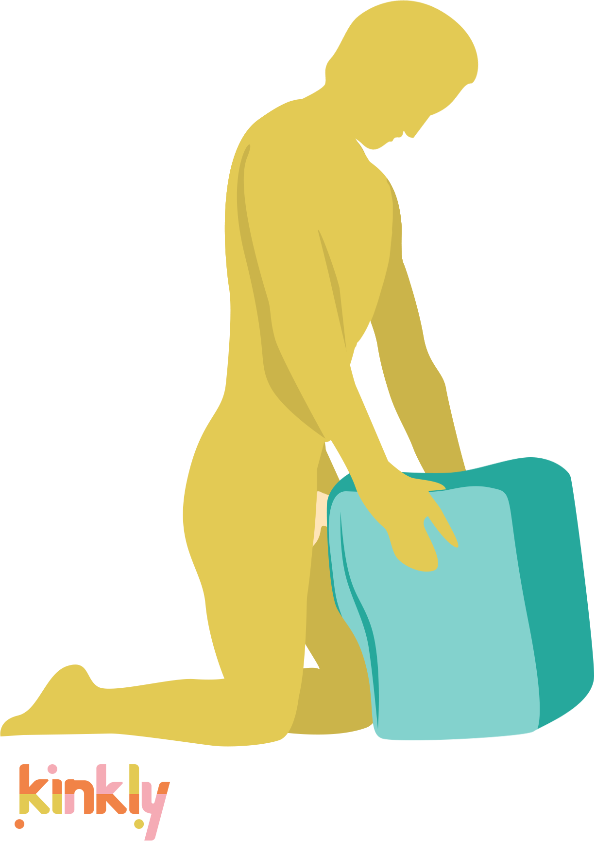 Illustration showing how the Liberator Fleshlight Top Dog is used. A person is kneeling in front of the square shape of the Liberator Fleshlight Top Dog. The Top Dog has a Fleshlight in it. The person is pressing their length into the Top Dog while holding the Top Dog, simulating doggy style sex. | Kinkly Shop