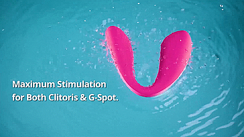 GIF shows the Lovense Dolce with the vibrations turned on in a blue pool of water. The water is splashing everywhere. Text on the image reads: "Maximum stimulation for both clitoris and g-spot" | Kinkly Shop