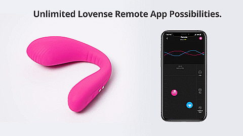 GIF shows a cell phone next to the Lovense Dolce. The cell phone is open to the Lovense app, and it shows the app controlling the vibrations of the vibrator as the vibrator sits next to it. | Kinkly Shop