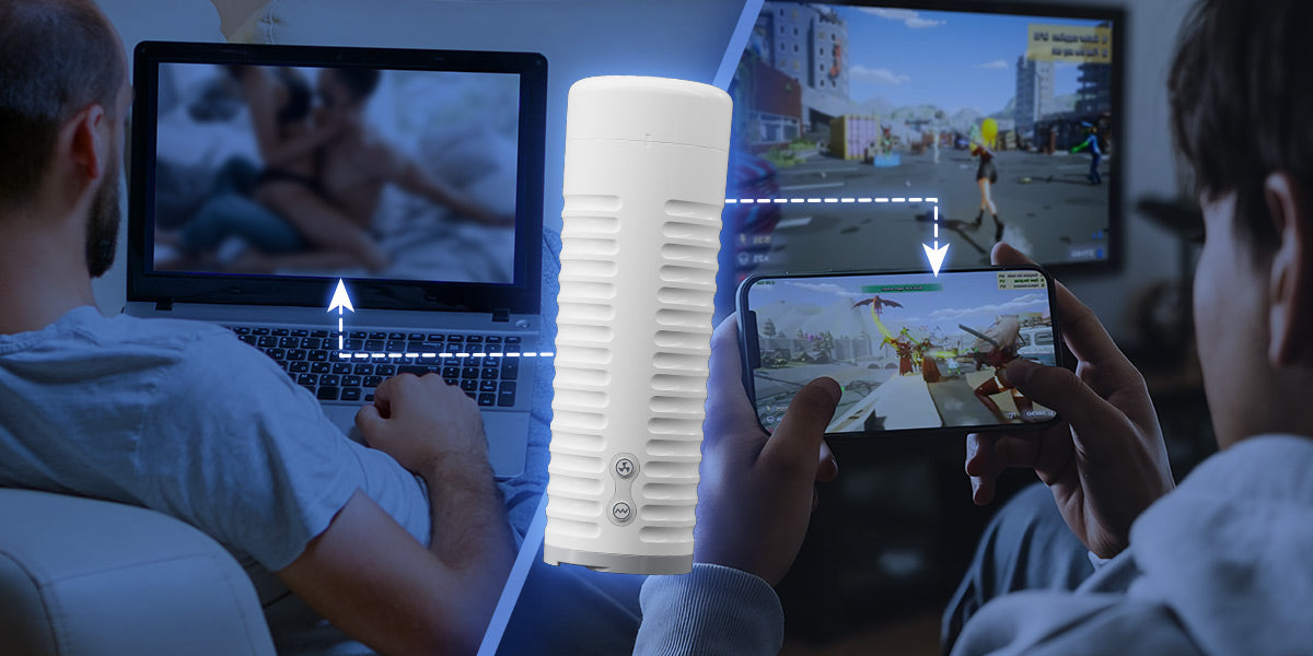 The Lovense Max 2 is shown in the middle of two collaged images. On one side, it shows that the stroker can sync with adult videos. On the other, it shows that the stroker can sync with games. | Kinkly Shop