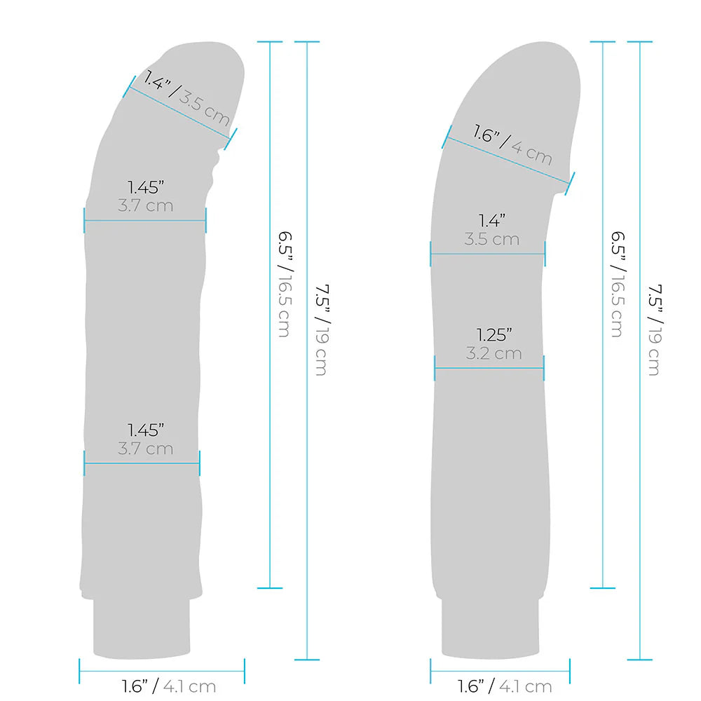 Outlines of the two tips included with the Lux Fetish Remote-Controlled Rechargeable Compact Thrusting Machine with measurements written on both of them. | Kinkly Shop