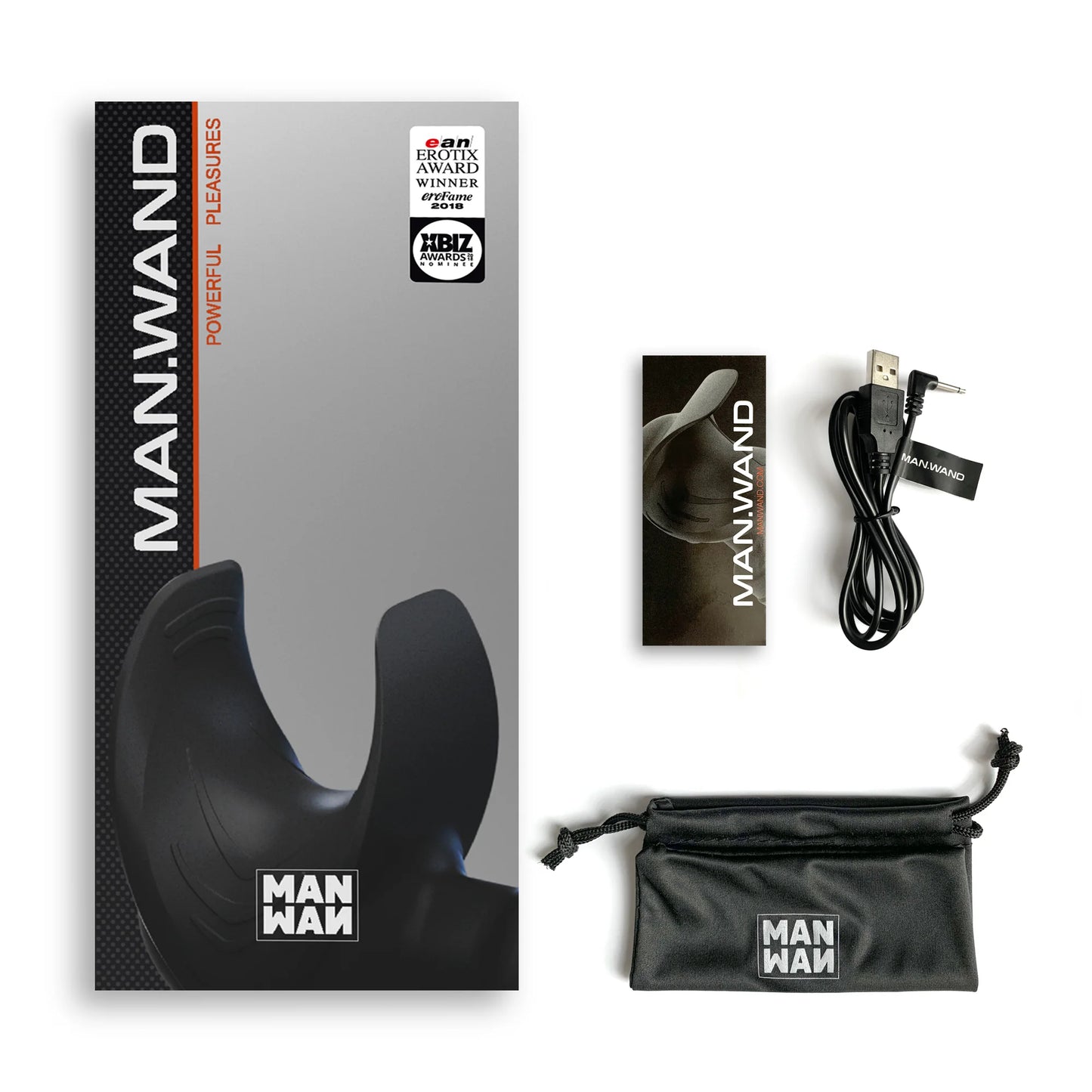 Everything included with the Man Wand. This includes the instructions, a drawstring bag, and the charging cable. | Kinkly Shop