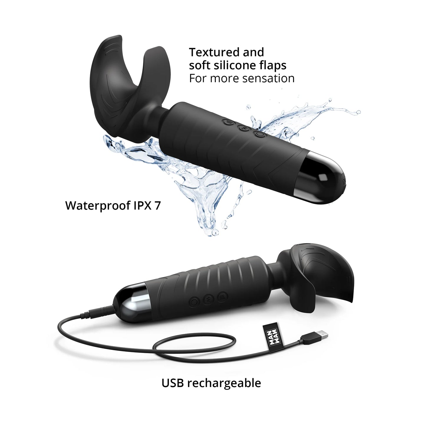 Collage of two Man Wand shots show features of the toy. Text reads: "Textured and soft silicone flaps for more sensation. Waterproof IPX7. USB Rechargeable | Kinkly Shop
