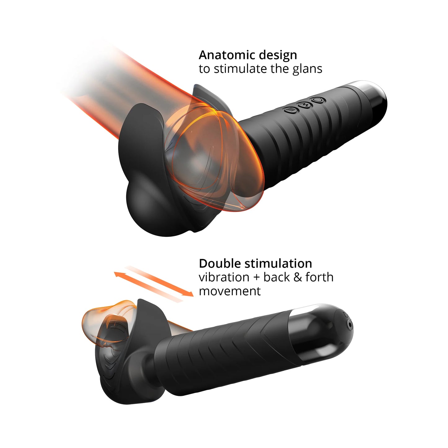 Collage of images showcase how the Man Wand pleasures the penis. Text reads: "Anatomic design to stimulate the glans. Double stimulation vibration + back and forth movement." | Kinkly Shop