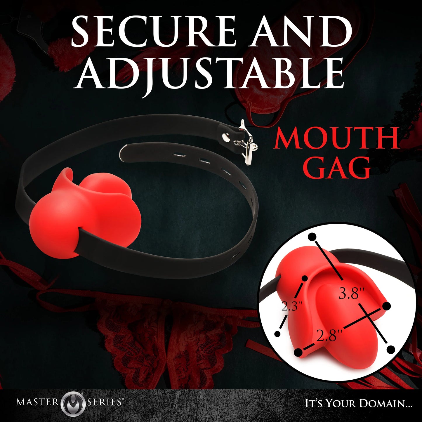 The Master Series Gag Order shown next to an image that has all of the measurements for the gag on it. Text reads: Secure and adjustable mouth gag. | Kinkly Shop