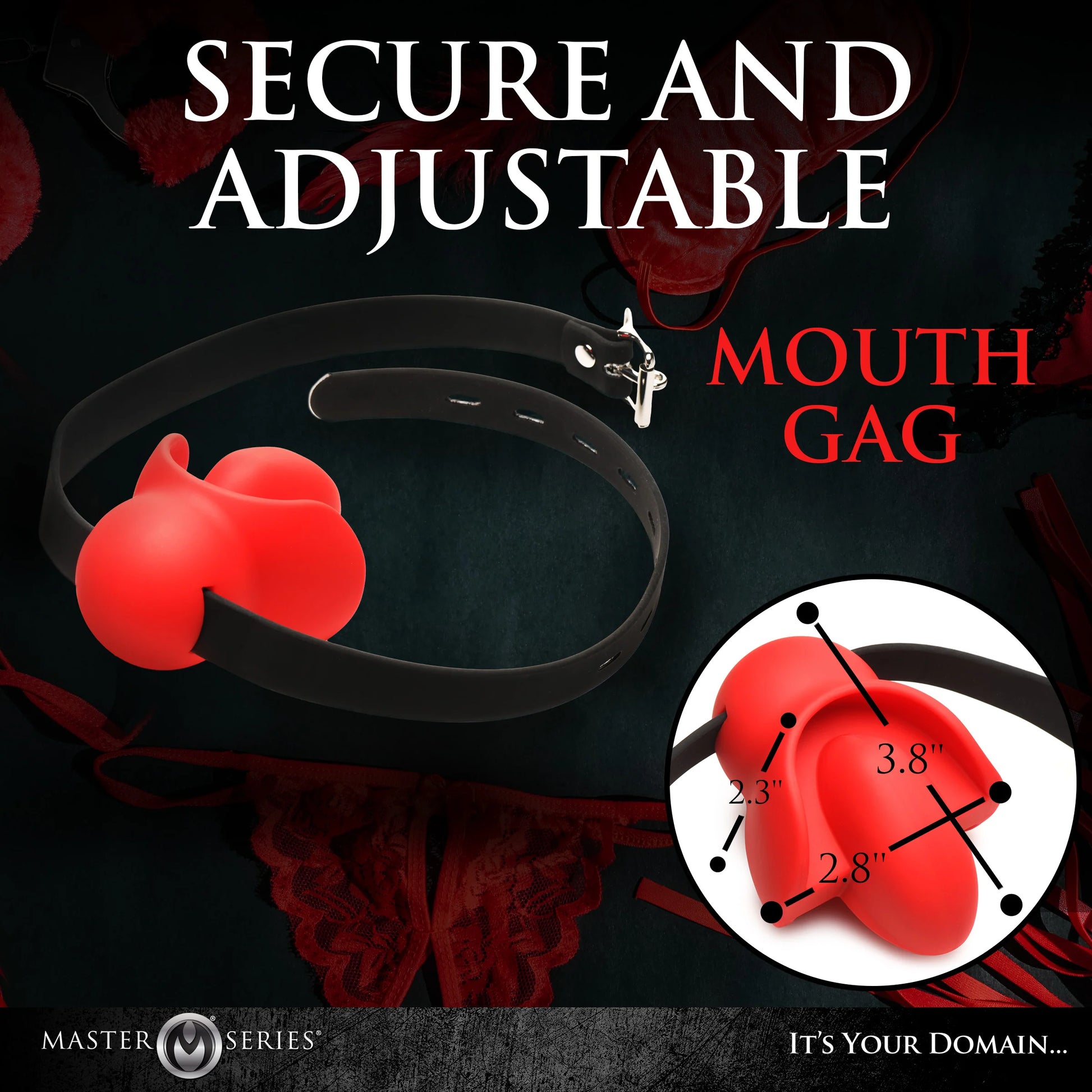 The Master Series Gag Order shown next to an image that has all of the measurements for the gag on it. Text reads: Secure and adjustable mouth gag. | Kinkly Shop